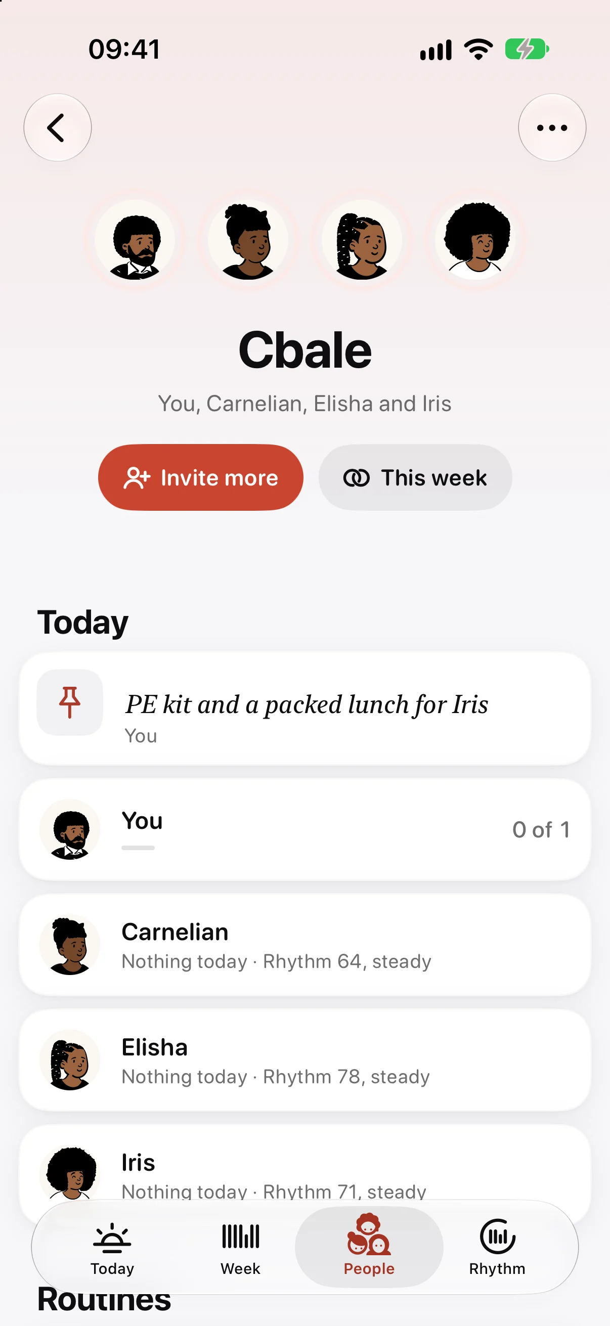 The top of a family group on iPhone: everyone’s faces, Invite more, this week and today’s note.
