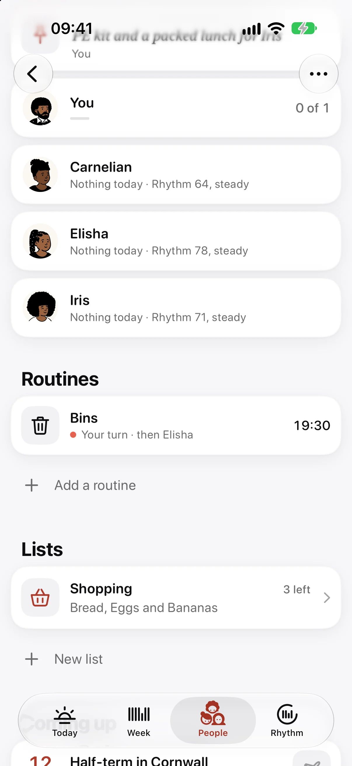 An Ethos family group on iPhone: a shared routine, whose turn it is tonight, and the shopping list.