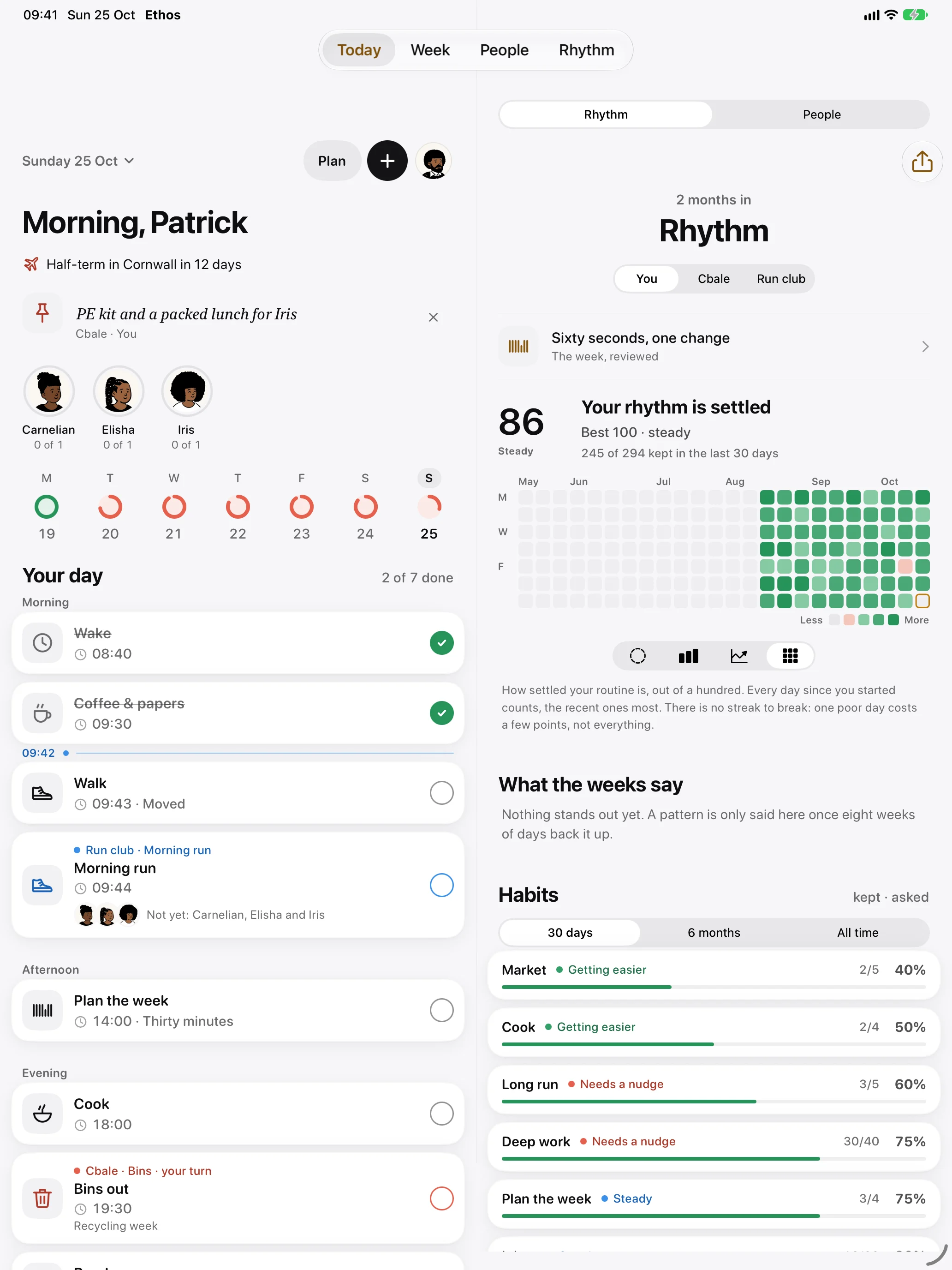 Ethos on iPad: today’s routine on the left, and on the right Rhythm at 86 with a grid of months and each habit’s progress over thirty days.