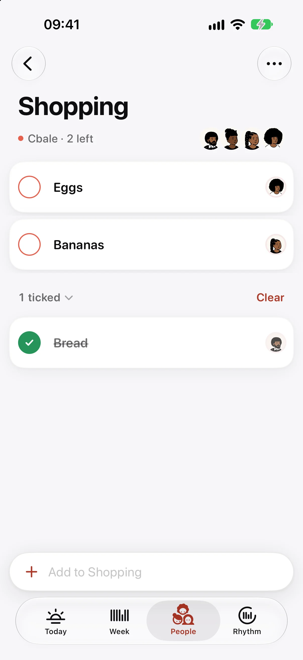The Shopping list with Bread ticked and folded away under 1 ticked.