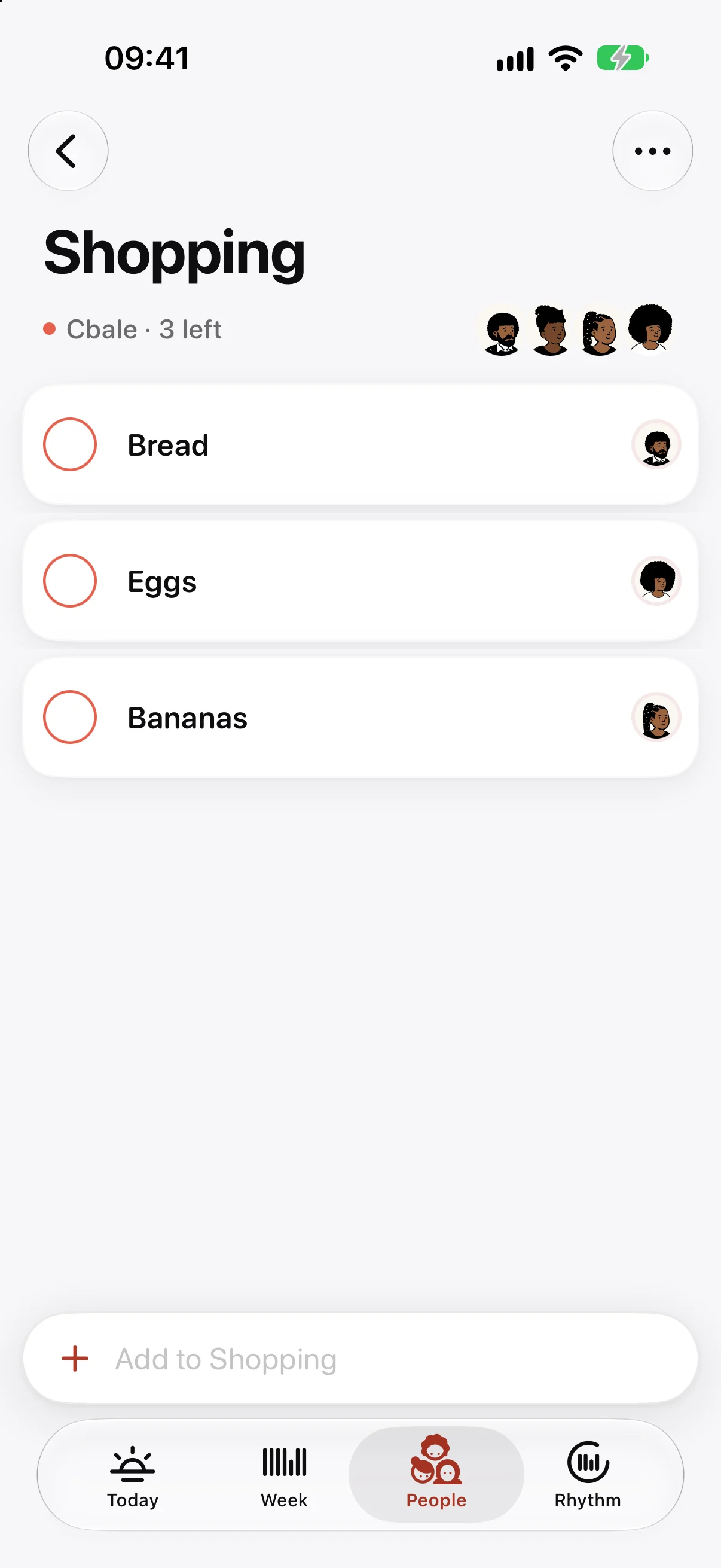 The Cbale shopping list on iPhone, with who added each item.