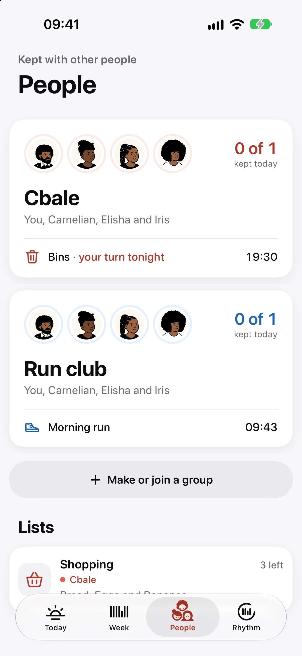 The People tab in Ethos on iPhone: a family group with the bins due tonight, and a run club group with the morning run.