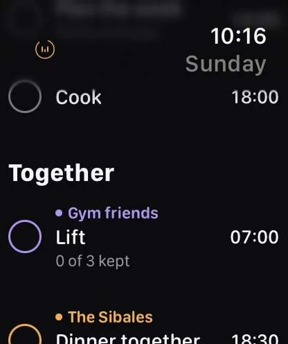 Ethos on Apple Watch: the Together section, with shared routines from two groups.
